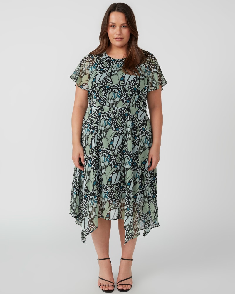 Front of a model wearing a size 22W Painted Lady Dress in Sage by Estelle. | dia_product_style_image_id:349753